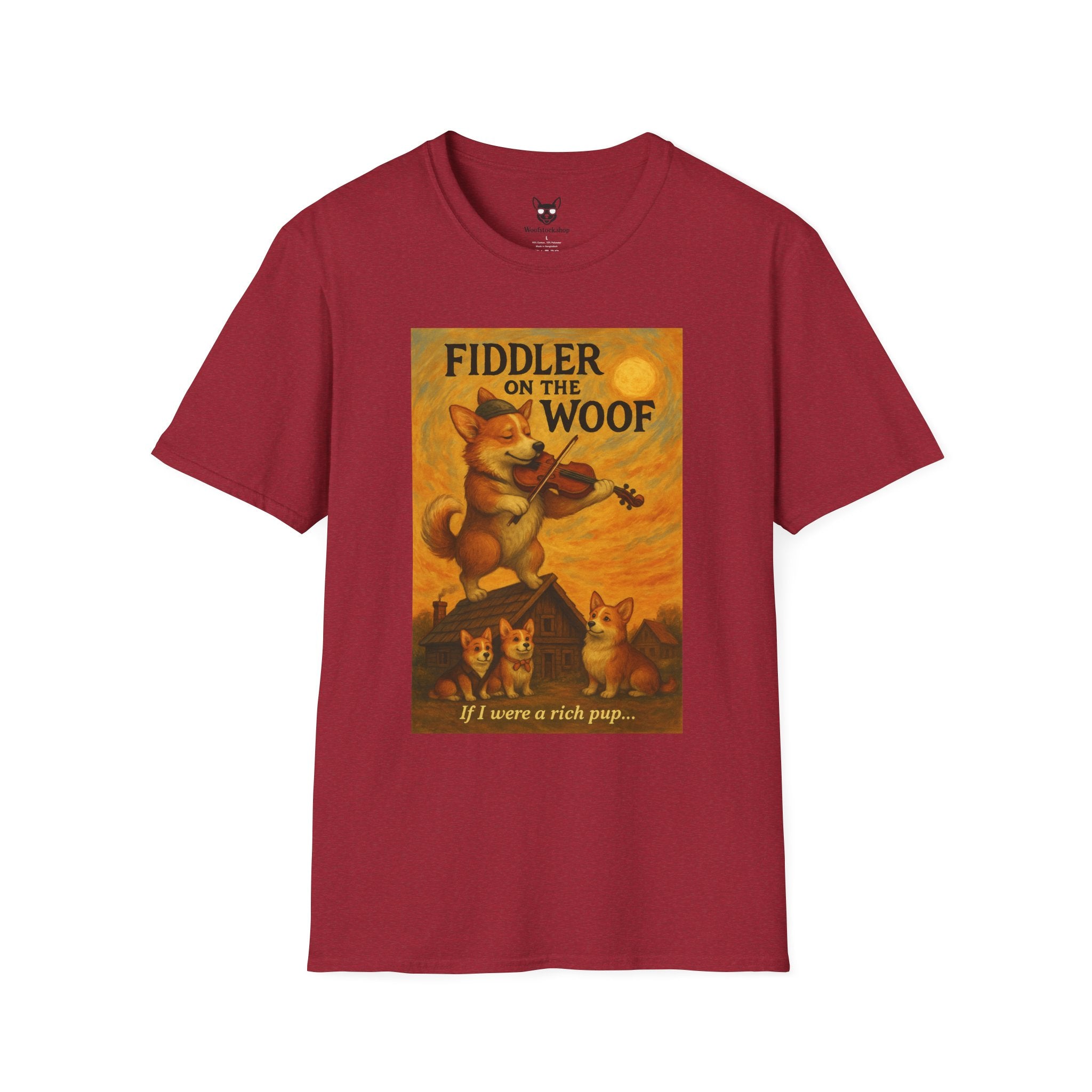 Fiddler on the Woof Broadway Poster Dog Parody Unisex Softstyle T-Shirt -- Funny Broadway Movie Tee for Theater and Dog Lovers